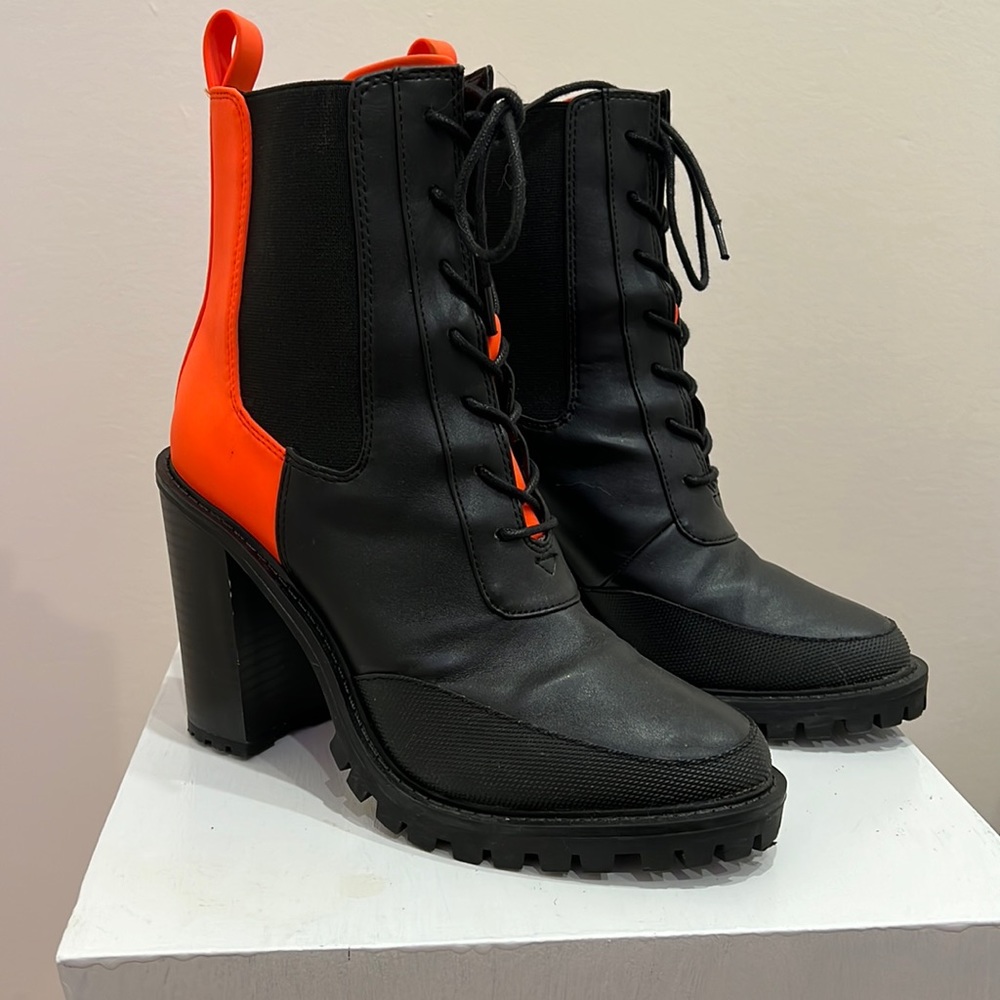 Size 7 Black and Orange Heeled Combat Boots
